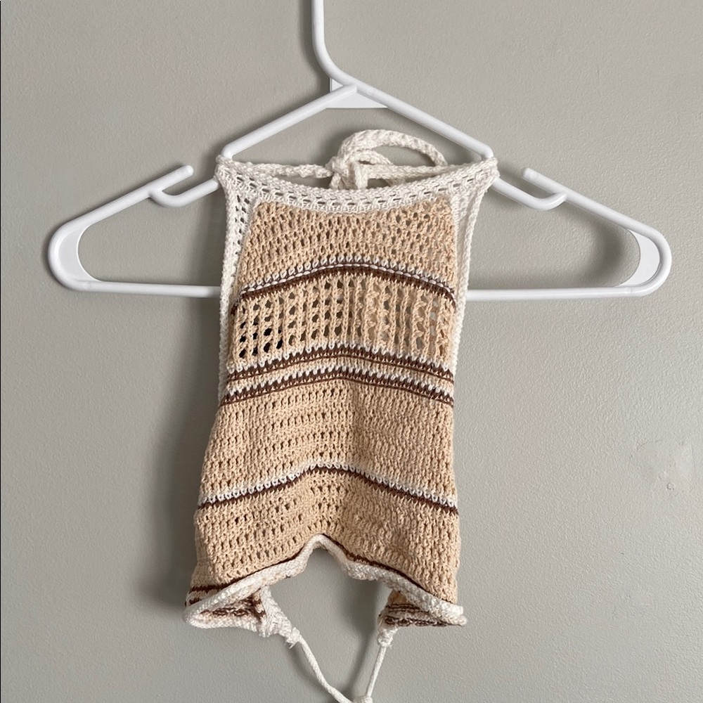 Forever 21 Cream and Brown Crochet Halter Top